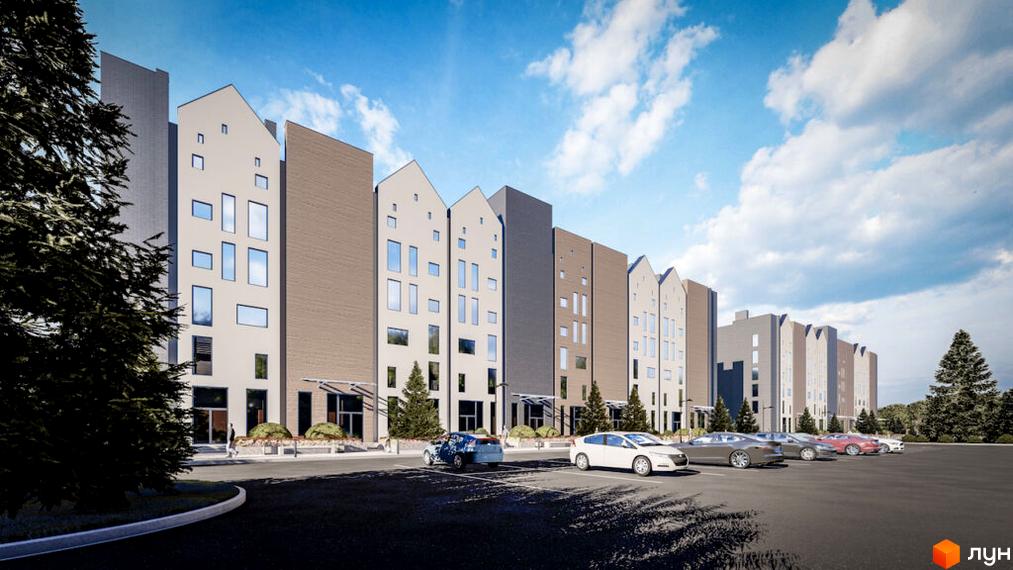 Житловий комплекс Comfort City Lagoon з унікальною архітектурою та паркуванням. Зовнішній вигляд новобудови з великою кількістю вікон та прибудинковою територією.