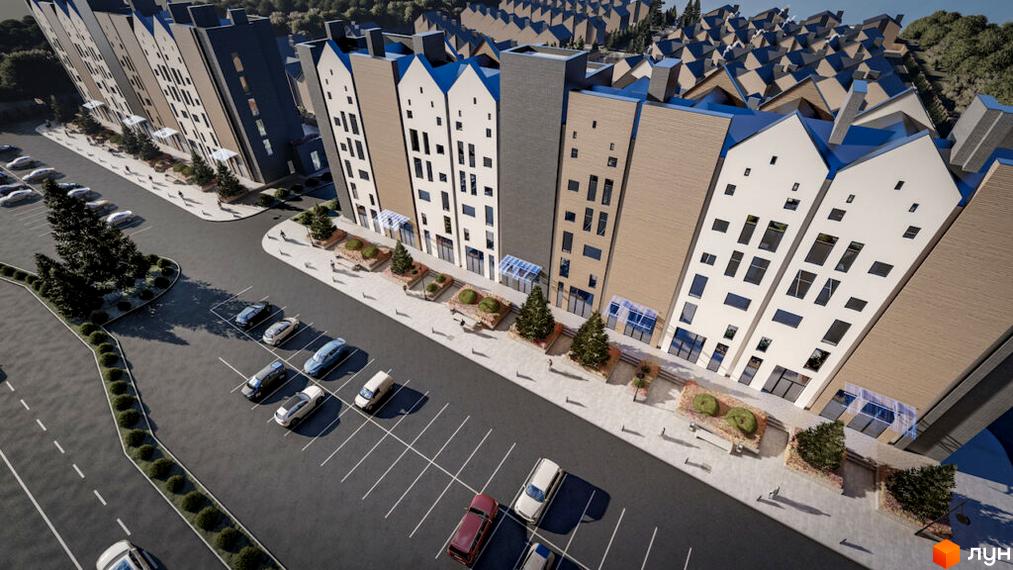 Зовнішній вигляд будинків ЖК Comfort City Lagoon з парковкою та зеленими зонами. Комплекс має багатоповерхові будівлі з фасадами різних кольорів та формою дахів.