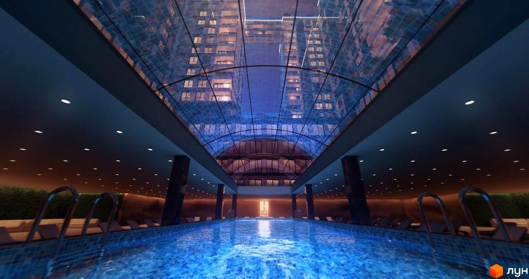 Житловий комплекс High Hills з басейном під скляним куполом, що відображає хмарочоси. Навколо басейну розташовані шезлонги та зелені насадження.