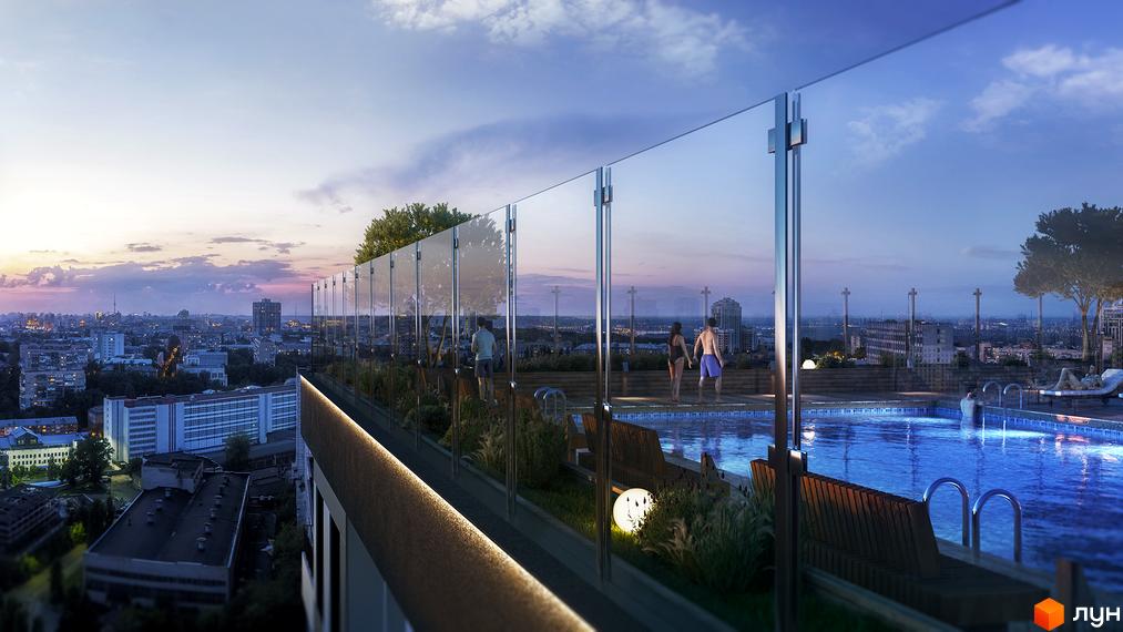 Комплекс High Hills з басейном на даху та панорамним видом на місто. Сучасний житловий комплекс для комфортного життя.
