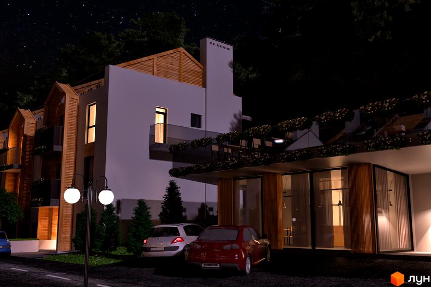 Нічний вигляд новобудови Royal Estate з сучасним фасадом та прибудинковою територією з автомобілями та освітленням.