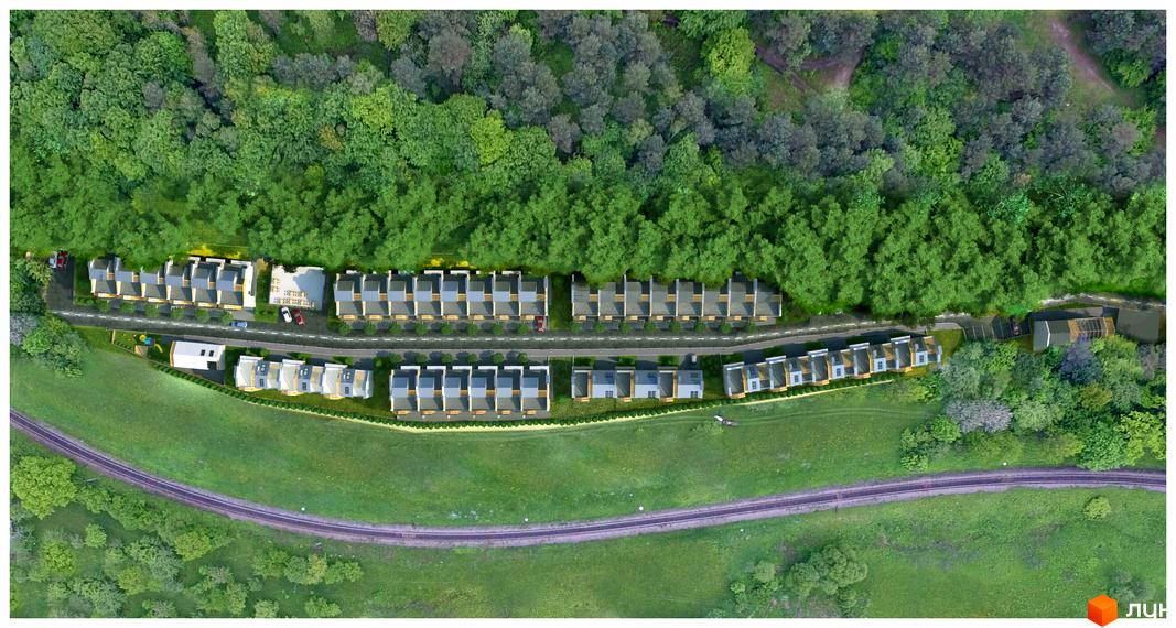 Аерофотозйомка житлового комплексу Royal Estate з таунхаусами, розташованими вздовж лісової зони та залізничних колій. Прибудинкова територія включає дороги, парковки та зелені насадження.