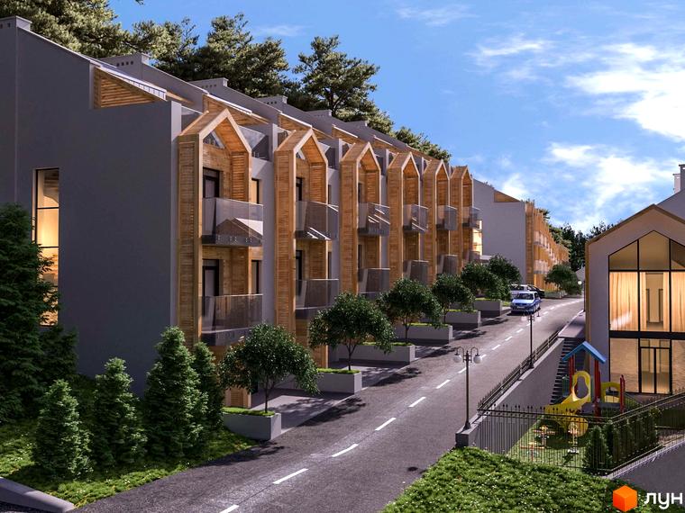 Зовнішній вигляд житлового комплексу Royal Estate з дерев'яними елементами та балконами. Поруч дорога, зелені насадження та дитячий майданчик.