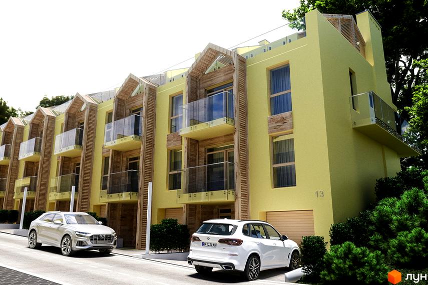 Житловий комплекс Royal Estate - фасади будівель з дерев'яними елементами та скляними балконами. Прибудинкова територія з автомобілями та зеленню.