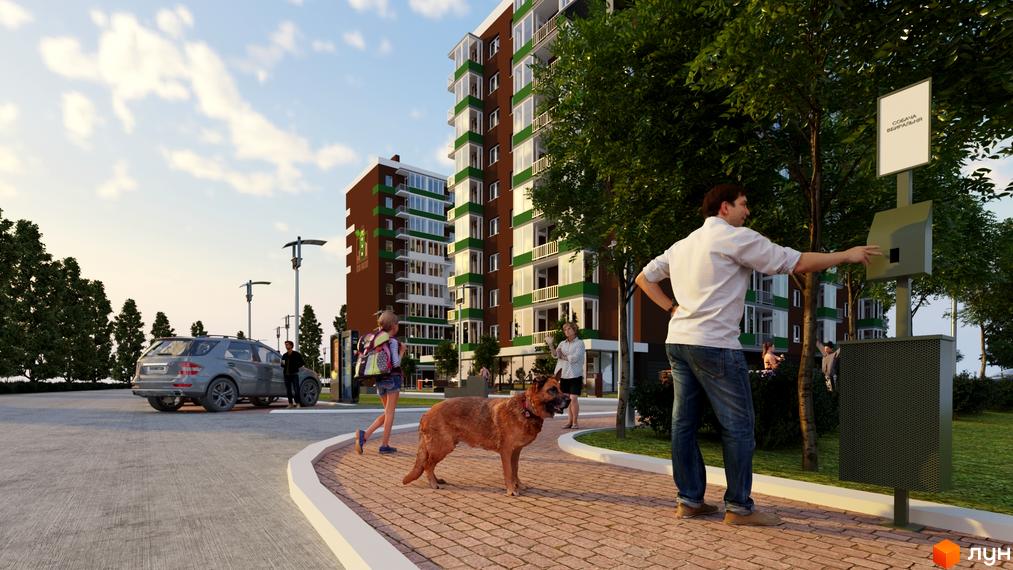 Житловий комплекс Eco House з коричнево-зеленими фасадами та балконами. На прибудинковій території є дерева, дитячий майданчик та місця для паркування.