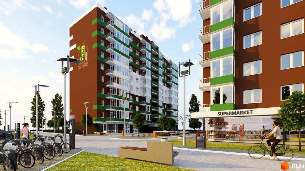 Новобудова Eco House з коричневим фасадом та зеленими елементами. Прибудинкова територія з велопарковкою, ліхтарями та супермаркетом.