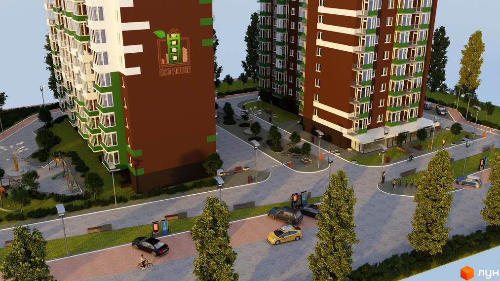 Житловий комплекс Eco House з коричнево-білими фасадами та зеленими балконами. На прибудинковій території розташовані дитячий майданчик, дерева та місця для відпочинку.