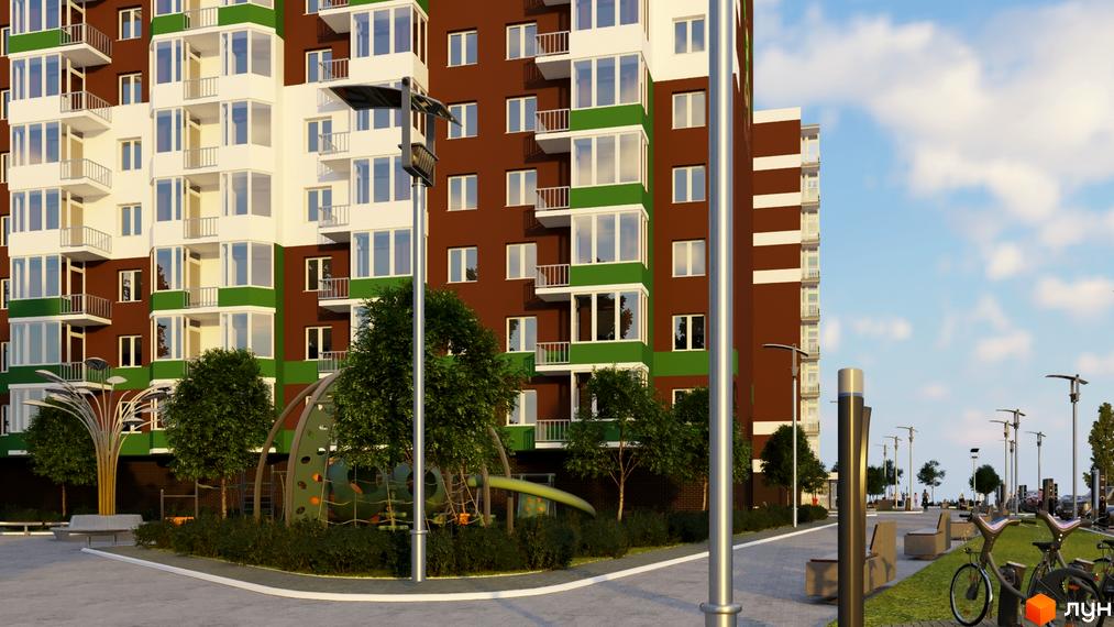 Новобудова ЖК Eco House з коричнево-зеленим фасадом та балконами. Поруч дитячий майданчик, дерева та місця для відпочинку.