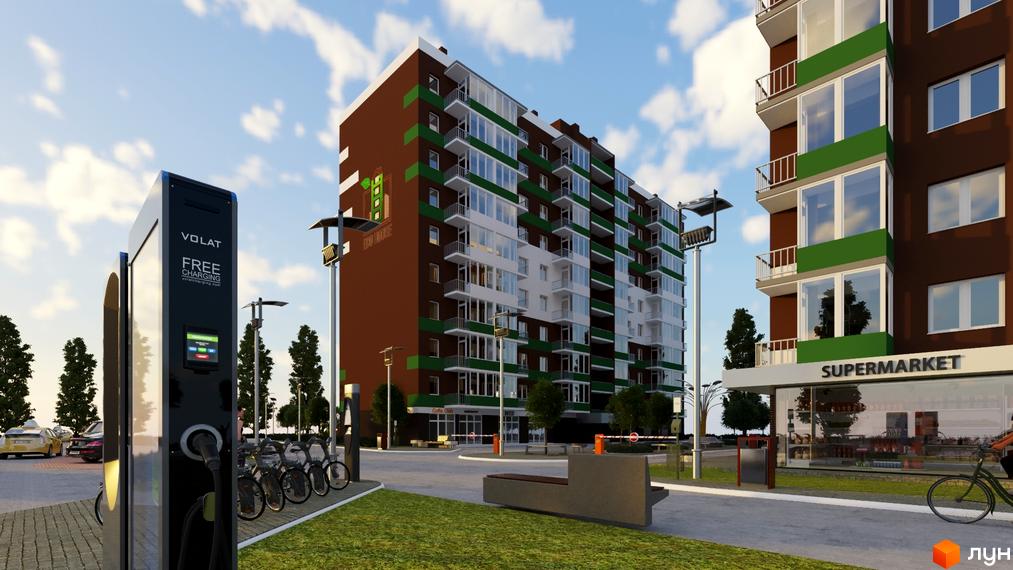 Житловий комплекс Eco House з коричнево-зеленим фасадом та балконами. На прибудинковій території розташована зарядна станція для електромобілів та велопарковка.