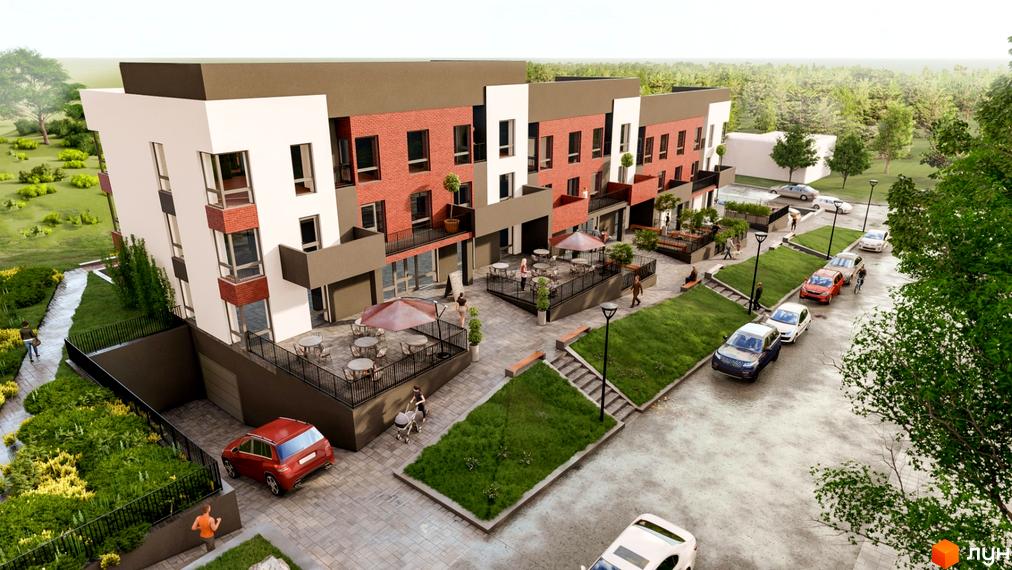 Житловий комплекс Cherry House з цегляним фасадом та балконами, з прибудинковою територією з терасами та парковкою.