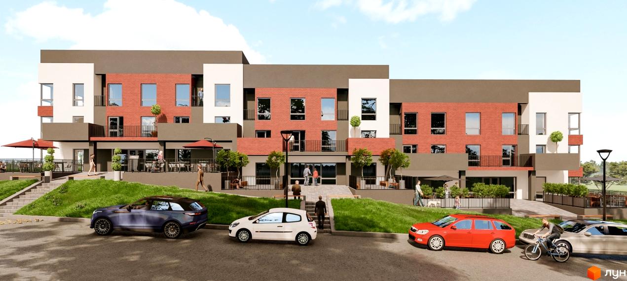 Новобудова ЖК Cherry House з червоною цегляною фасадною частиною та білими вставками, з прибудинковою територією, терасами та автомобілями на парковці.