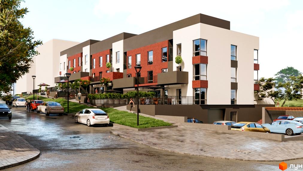 Зовнішній вигляд новобудови ЖК Cherry House з цегляним фасадом та балконами. Прибудинкова територія з парковкою та зеленими насадженнями.