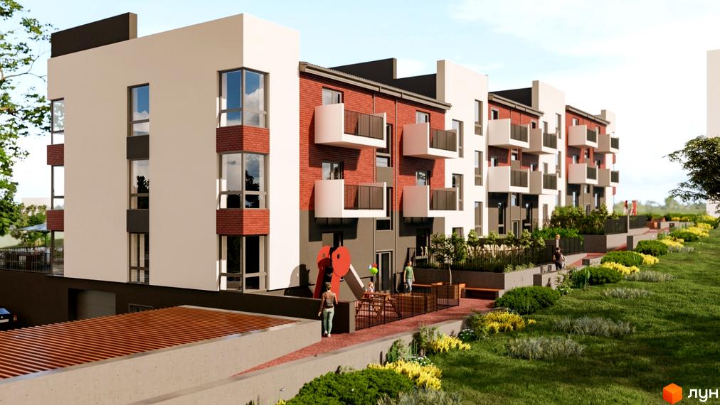 Зовнішній вигляд комплексу Cherry House з цегляними та білими фасадами, балконами та дитячим майданчиком на прибудинковій території.