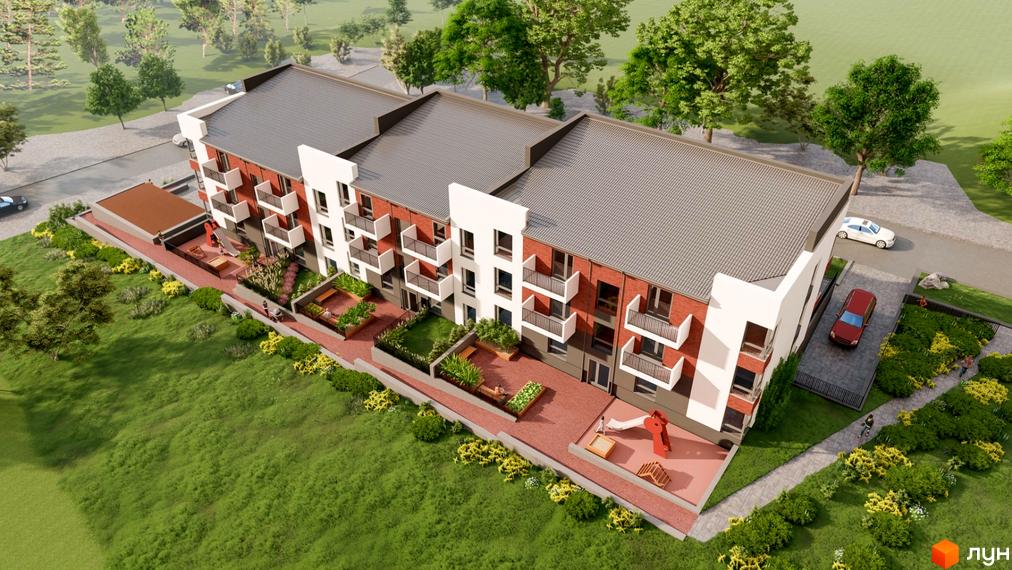 Житловий комплекс Cherry House з червоної цегли та білими елементами фасаду, з балконами та прибудинковою територією з дитячим майданчиком та зонами відпочинку.