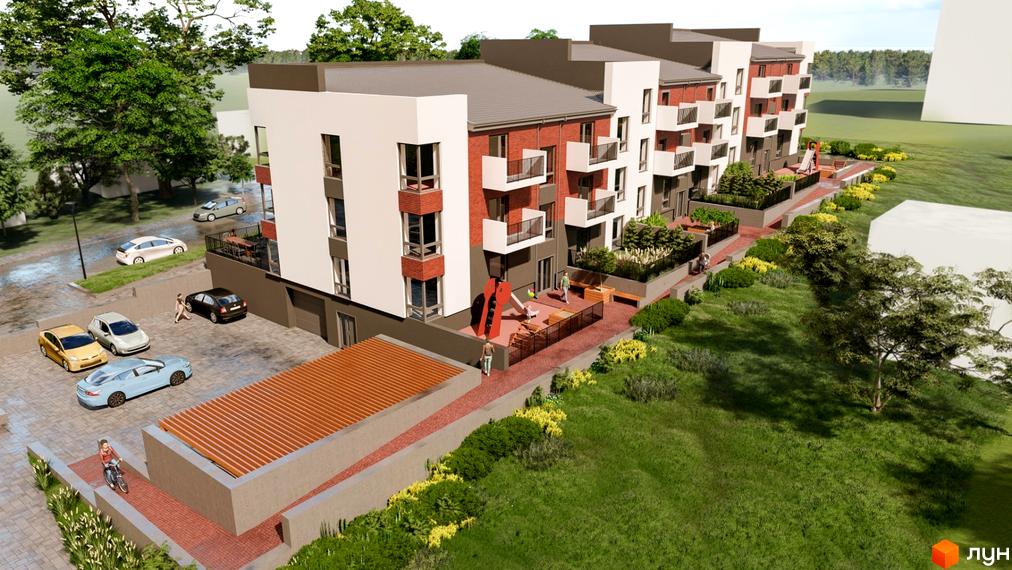 Житловий комплекс Cherry House з цегляними фасадами, балконами та прибудинковою територією з дитячим майданчиком та зеленими насадженнями.