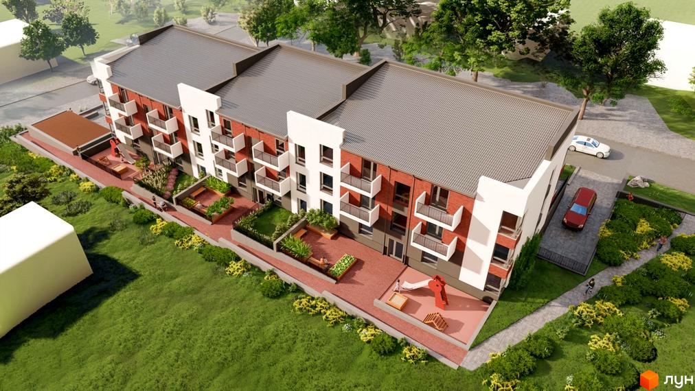 Житловий комплекс Cherry House з цегляним фасадом та балконами, дитячим майданчиком та зеленими зонами.