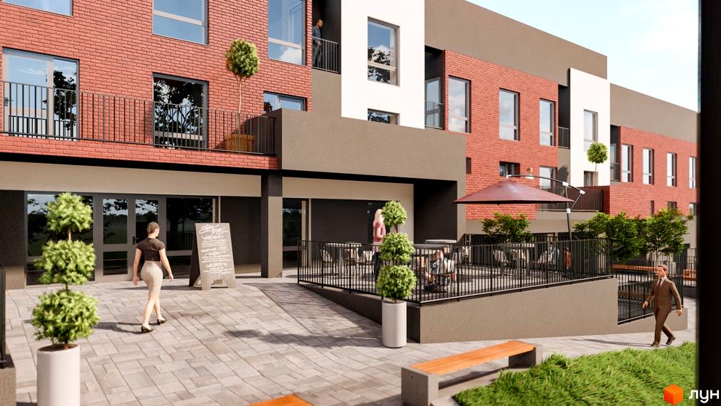 Житловий комплекс Cherry House з червоної цегли та сірого фасаду з терасою та зонами відпочинку. Прибудинкова територія з бруківкою, деревами та лавками.