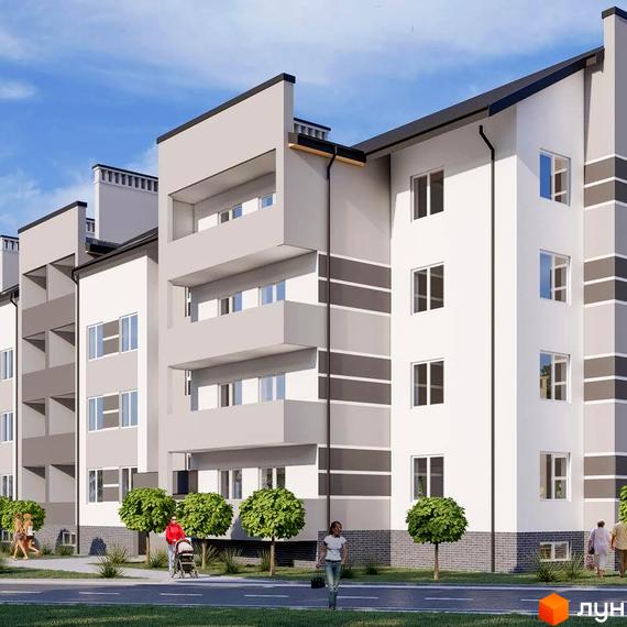 Зовнішній вигляд новобудови ЖК ЯнівБуд з сірими та білими фасадами, балконами та вікнами. На прибудинковій території ростуть дерева та гуляють люди.