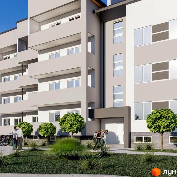 Сучасний житловий комплекс ЯнівБуд з балконами та великими вікнами, доглянутою прибудинковою територією з деревами та газоном.