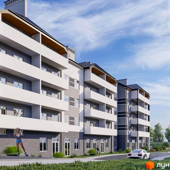 Зовнішній вигляд новобудови ЖК ЯнівБуд з балконами та вікнами, поруч дорога та зелена зона з людьми.