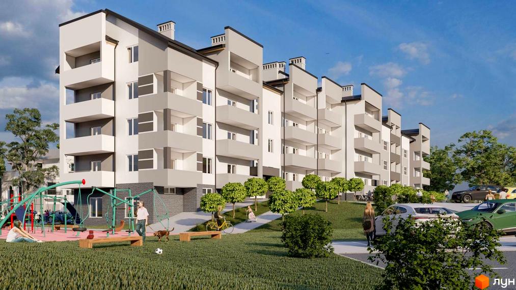 Зовнішній вигляд житлового комплексу ЯнівБуд з балконами та дитячим майданчиком. На території комплексу розташовані дерева, лавки та парковка з автомобілями.