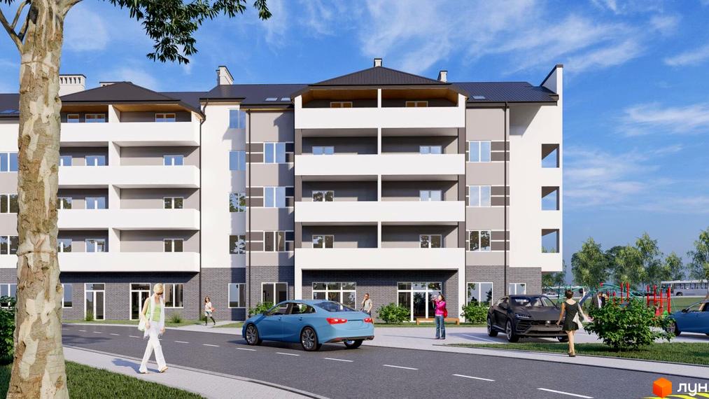 Фасад житлового комплексу ЯнівБуд з балконами та вікнами, прибудинкова територія з дорогою та автомобілями.