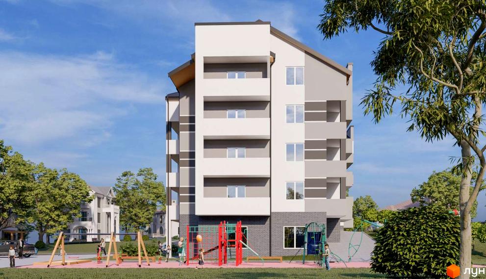 Житловий комплекс ЯнівБуд - це багатоповерховий будинок з балконами та великими вікнами, розташований біля дитячого майданчика та зелених дерев.