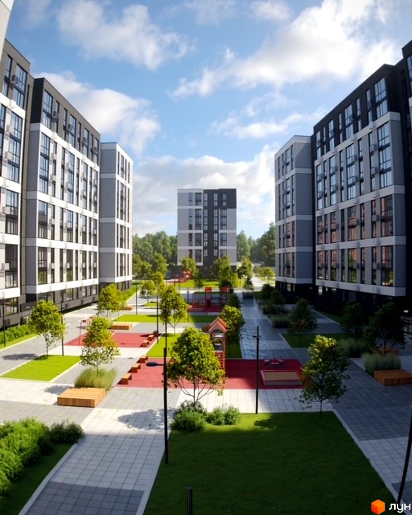 Зображення житлового комплексу Avalon Zelena Street з багатоповерховими будинками та зеленим подвір'ям. На території є дитячий майданчик та місця для відпочинку.