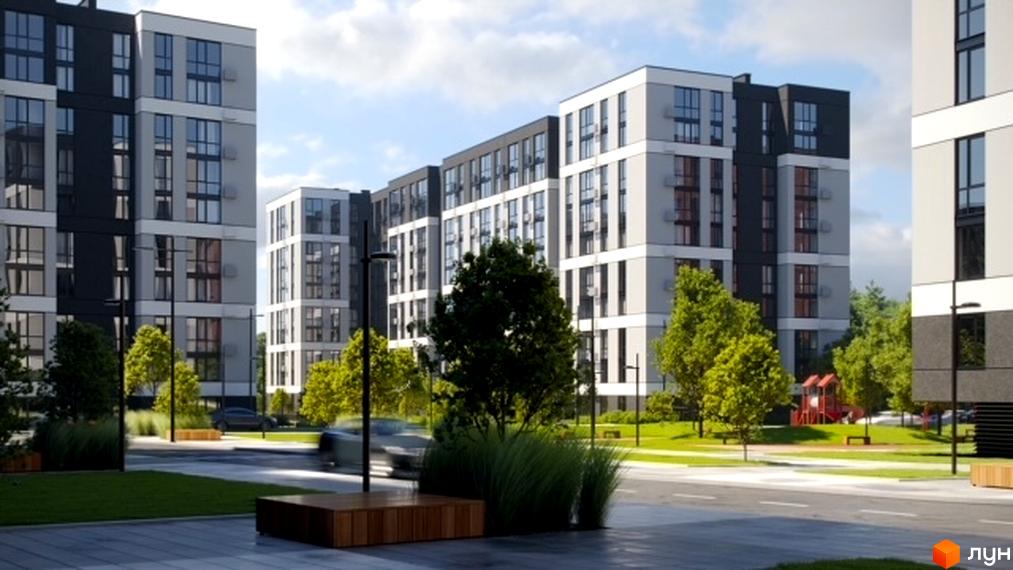 Зображення житлового комплексу Avalon Zelena Street. Вигляд багатоповерхового будинку з великими вікнами та прибудинковою територією.