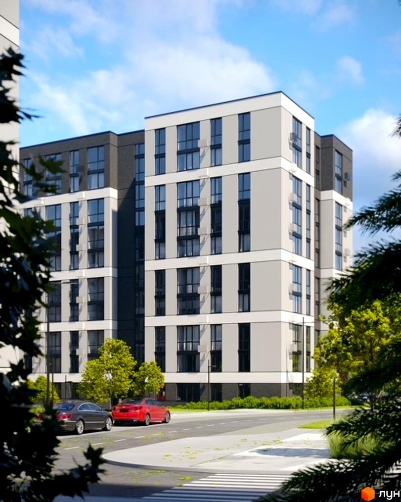 Зображення фасаду та прибудинкової території Новобудови Avalon Zelena Street. Багатоповерховий будинок з великими вікнами, поруч дерева та автомобілі.