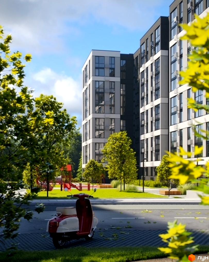 Зображення фасаду Житлового комплексу Avalon Zelena Street та прибудинкової території з газоном та дитячим майданчиком.