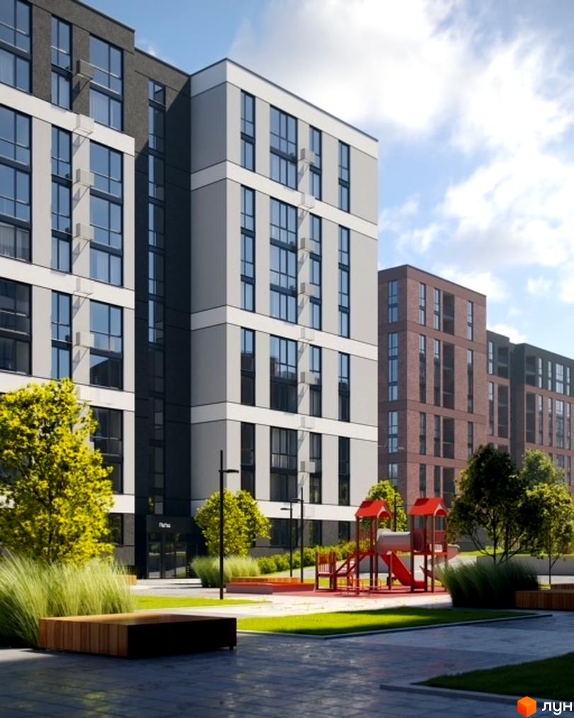 Зображення фасаду та прибудинкової території Житлового комплексу Avalon Zelena Street. Вигляд новобудови з дитячим майданчиком.