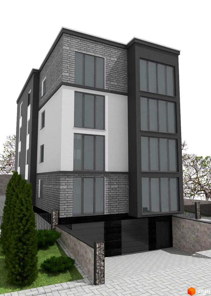 Клубний будинок „Над Ставом“: триповерхова новобудова з панорамними вікнами та цегляним фасадом, прибудинкова територія з газоном та деревами.