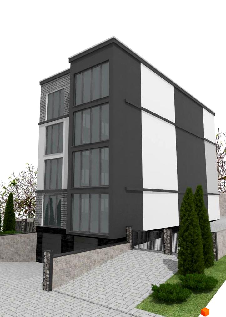 Клубний будинок „Над Ставом“ з фасадами з сірої цегли та білих панелей, з огородженою територією та зеленню.