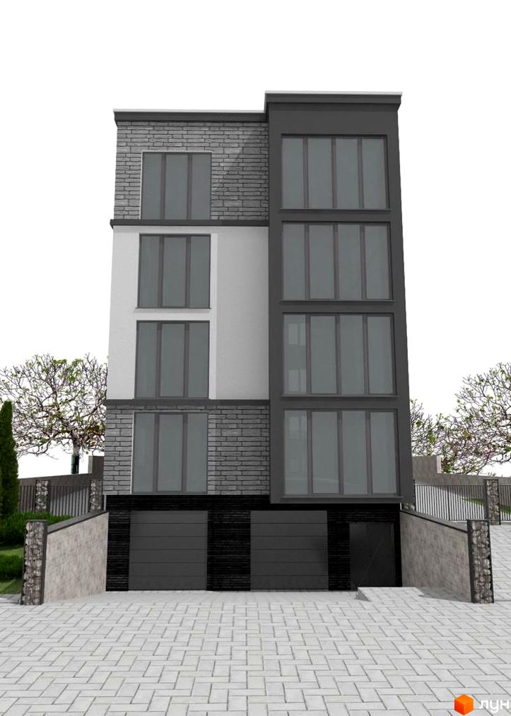 Клубний будинок „Над Ставом“: триповерхова новобудова з панорамними вікнами та цегляним фасадом, перед якою розташована брукована площадка та сходи до гаражів.