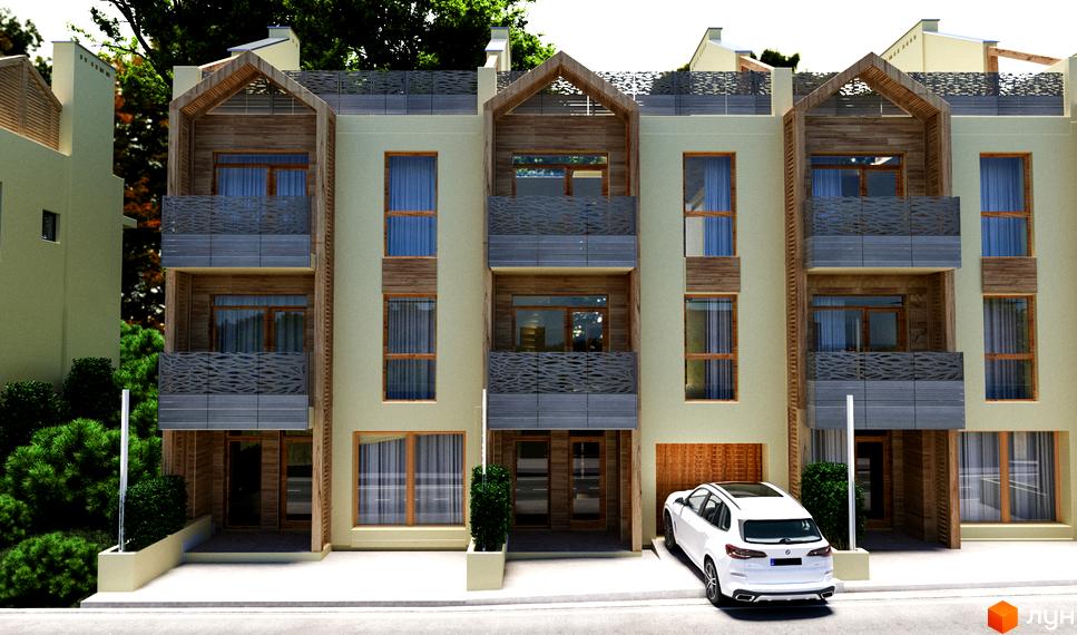 Зовнішній вигляд житлового комплексу Royal Estate з дерев'яними елементами та балконами. На території видно зелені насадження та припаркований автомобіль.