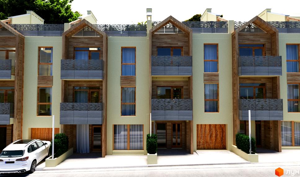 Зовнішній вигляд житлового комплексу Royal Estate з дерев'яними елементами та балконами. На території розташований білий автомобіль та зелені насадження.