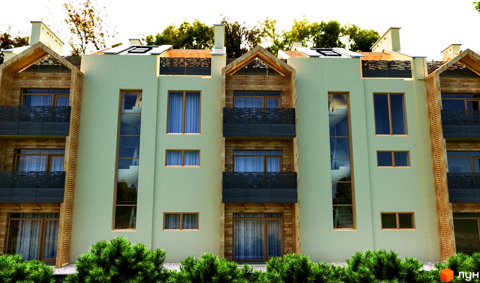 Фасад житлового комплексу Royal Estate з дерев'яними елементами та великими вікнами. Зелені насадження перед будинком створюють затишну атмосферу.