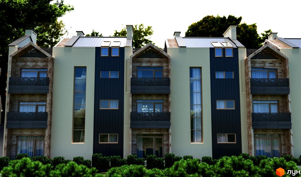 Фасад житлового комплексу Royal Estate з дерев'яними елементами та великими вікнами. Навколо будівель зелені кущі.