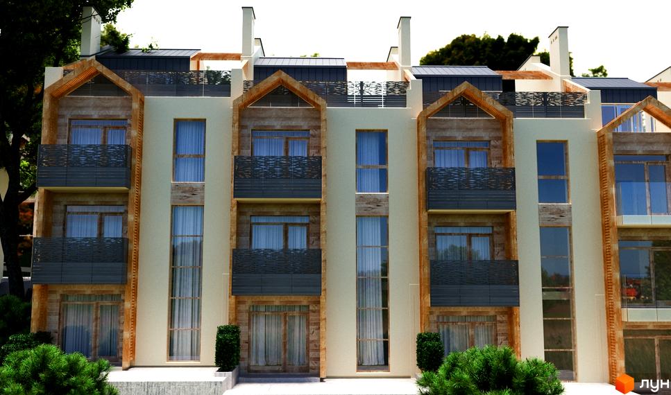 Зовнішній вигляд житлового комплексу Royal Estate з кам'яними та світлими фасадами, балконами та великими вікнами. Навколо новобудови зелені насадження та дерева.