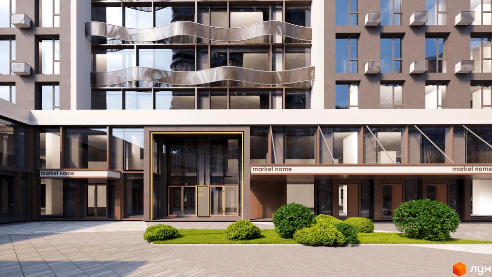 Новобудова Creator City: багатоповерхова будівля з великими вікнами та хвилястими балконами. Перед будинком вимощена територія з кущами.