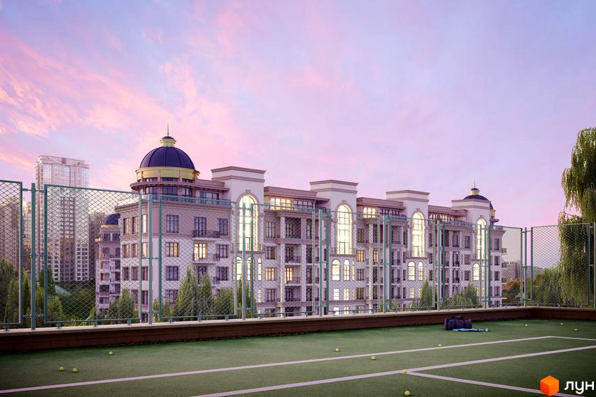 Житловий комплекс 52 Перлина (Pechersk Plaza) з тенісним кортом на даху. Багатоквартирний будинок з архітектурою в класичному стилі.