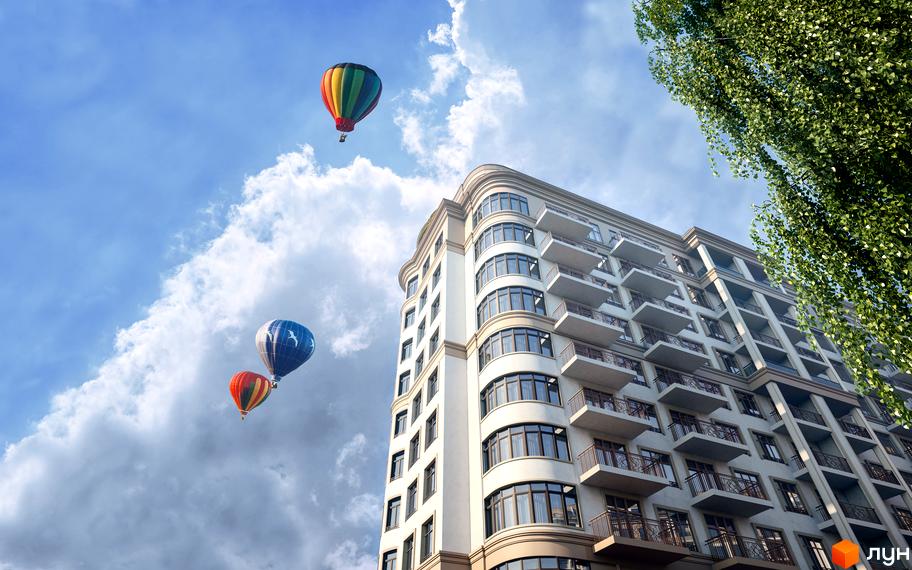 Житловий комплекс 52 Перлина (Pechersk Plaza). Висотна будівля з балконами та панорамними вікнами на тлі неба з повітряними кулями.