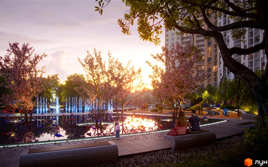 Житловий комплекс KADORR City з фонтанами та парковою зоною. На території комплексу розташовані дитячі майданчики та зелені зони відпочинку.