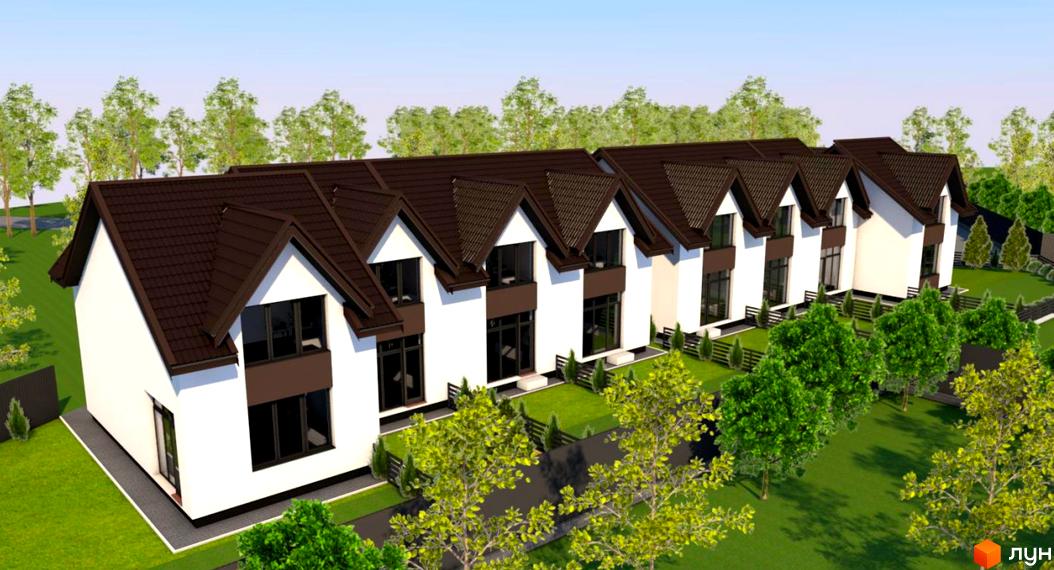 Таунхаус Lake House – це двоповерхові будинки з коричневими дахами та білими фасадами, розташовані на доглянутій зеленій території з деревами та огорожею.