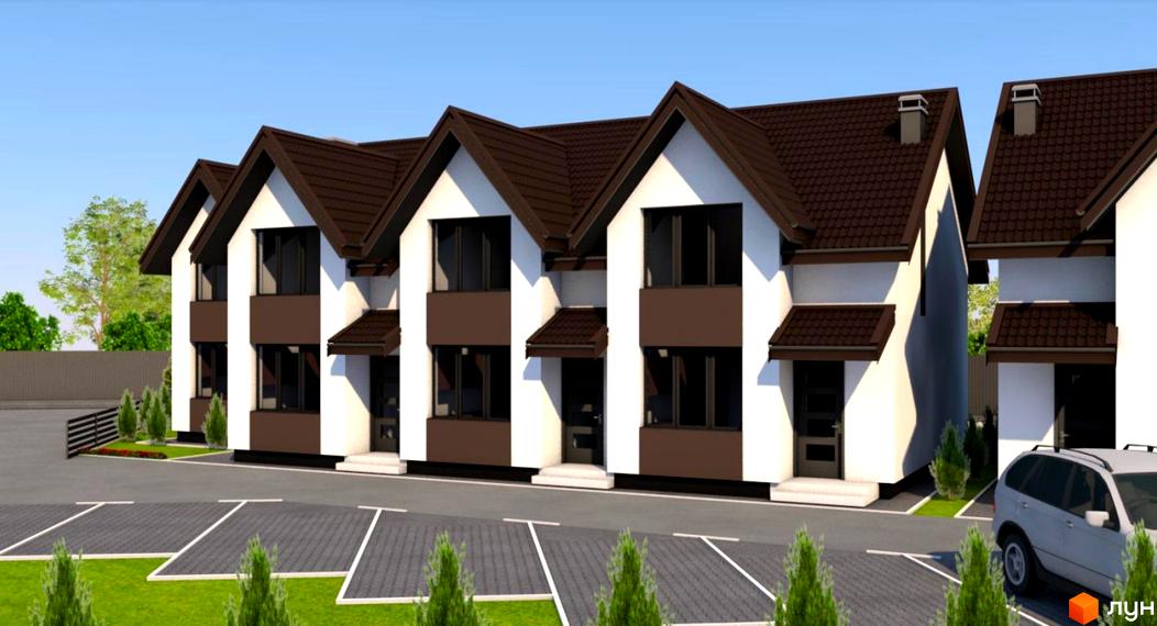 Зовнішній вигляд таунхаусів Lake House з коричневими дахами та білими фасадами, розташованих на доглянутій прибудинковій території з парковкою та зеленими насадженнями.