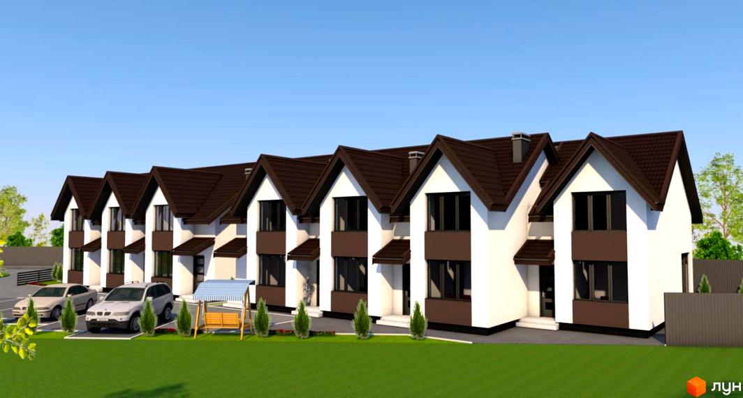 Таунхаус Lake House – це сучасна новобудова з білими фасадами та коричневими дахами, розташована на доглянутій території з парковкою та місцем для відпочинку.