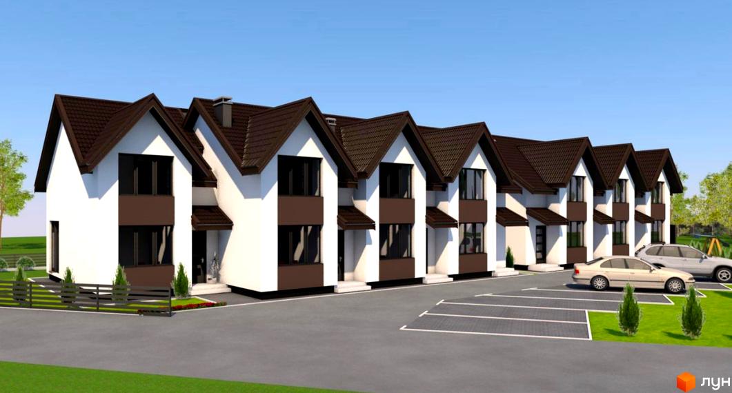 Ряд таунхаусів Lake House з білими фасадами та темно-коричневими дахами. Перед будинками є асфальтована парковка та зелені насадження.