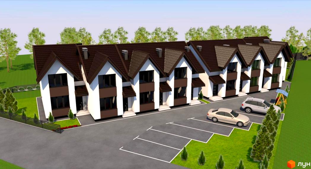 Ряд таунхаусів Lake House з білими фасадами та коричневими дахами, перед якими розташовані парковка та зелені насадження з дитячим майданчиком.