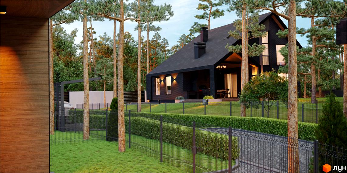 Котеджне містечко КМ Green Lake: чорний двоповерховий будинок з великими вікнами та відкритою терасою, оточений соснами та доглянутим газоном з огорожею.